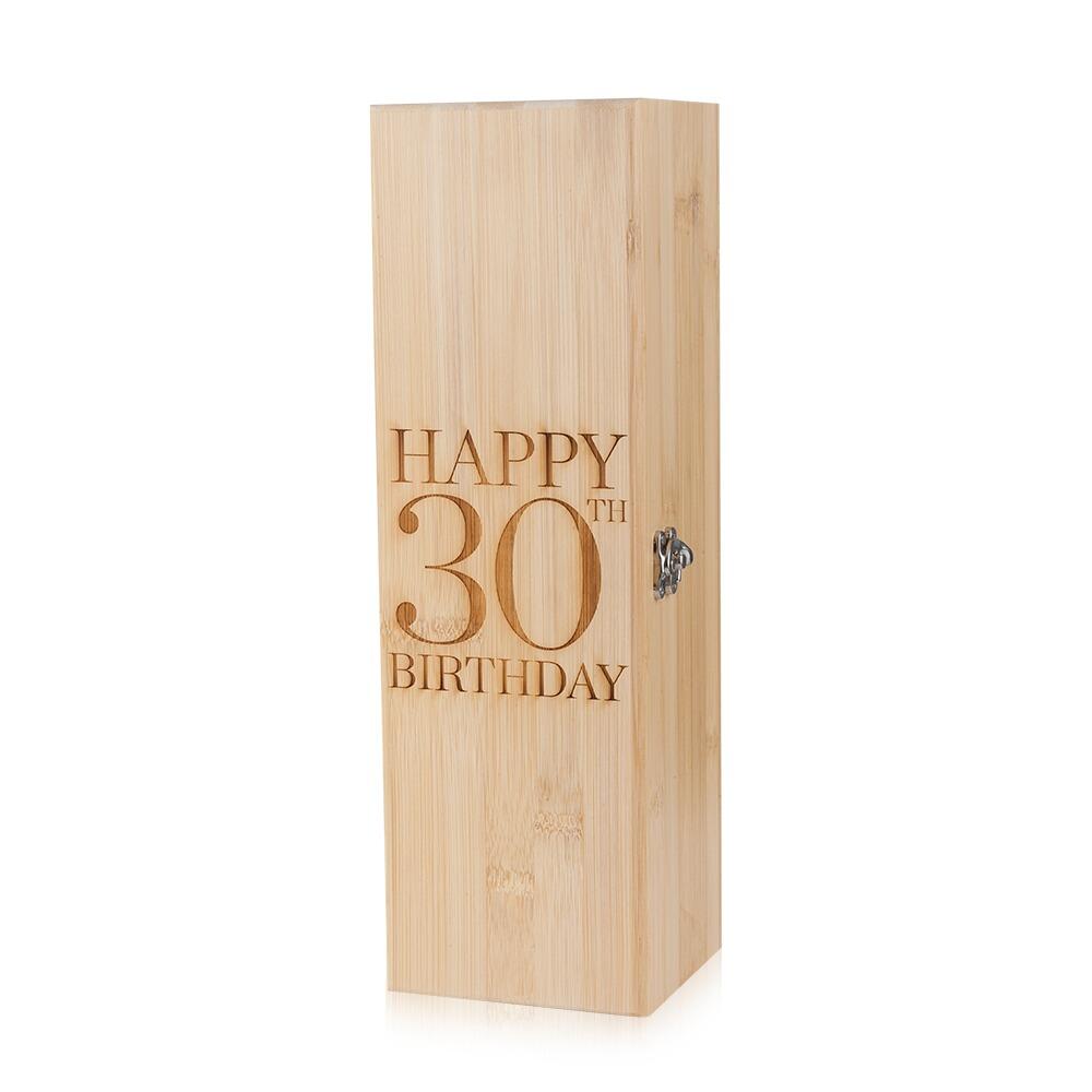 Wooden Bottle Box with "Happy 30th Birthday" engraved onto the Lid Standing Upright