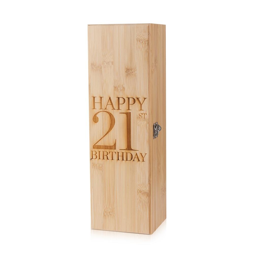Wooden Bottle Box with "Happy 21st Birthday" engraved onto the Lid Standing Upright