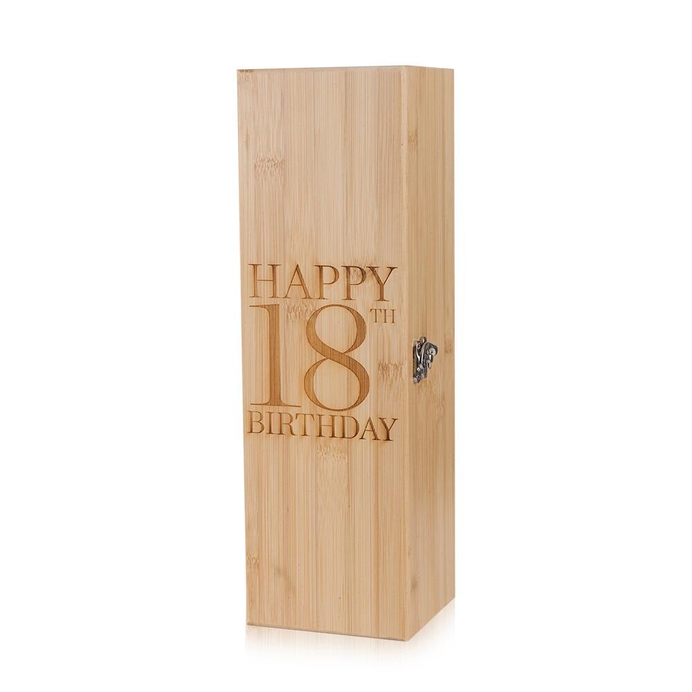 Wooden Bottle Box with "Happy 18th Birthday" engraved onto the Lid Standing Upright