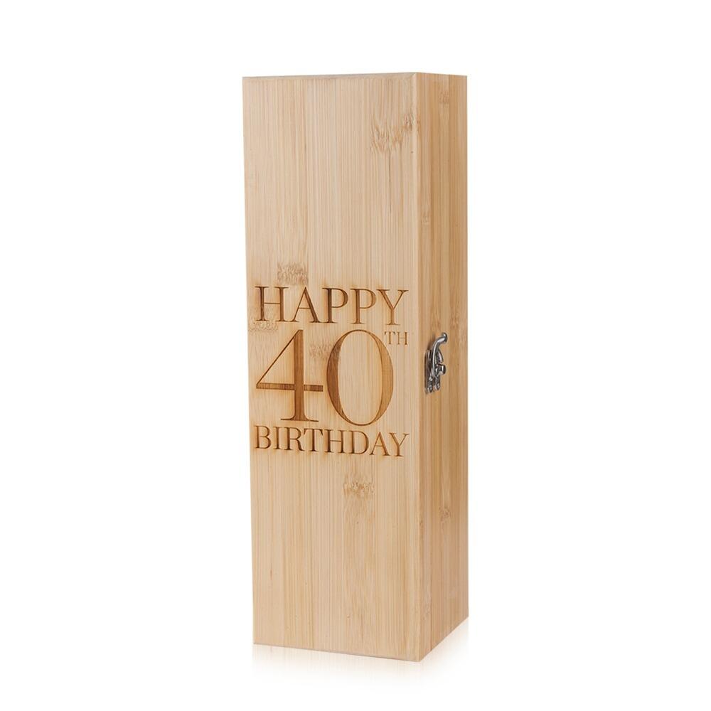 Wooden Bottle Box with "Happy 40th Birthday" engraved onto the Lid Standing Upright