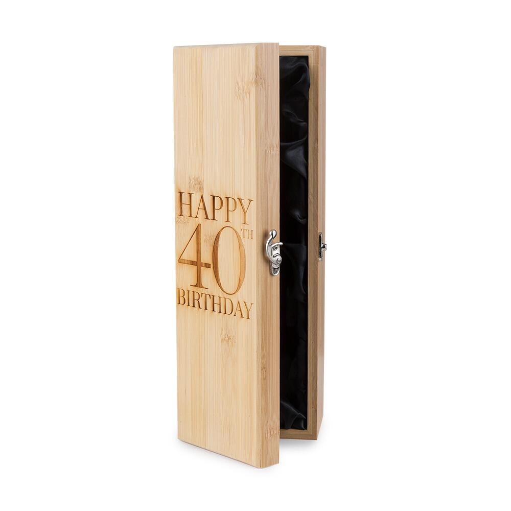 Wooden Bottle Box with "Happy 40th Birthday" engraved onto the Lid partly open