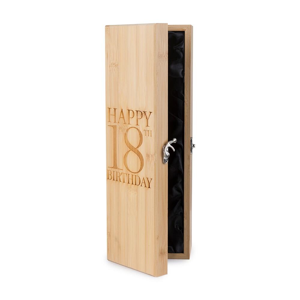 Wooden Bottle Box with "Happy 18th Birthday" engraved onto the Lid partly open