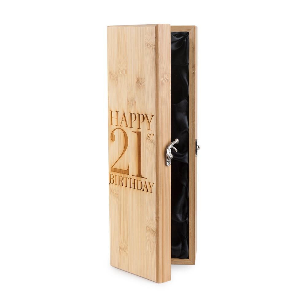 Wooden Bottle Box with "Happy 21st Birthday" engraved onto the Lid partly open