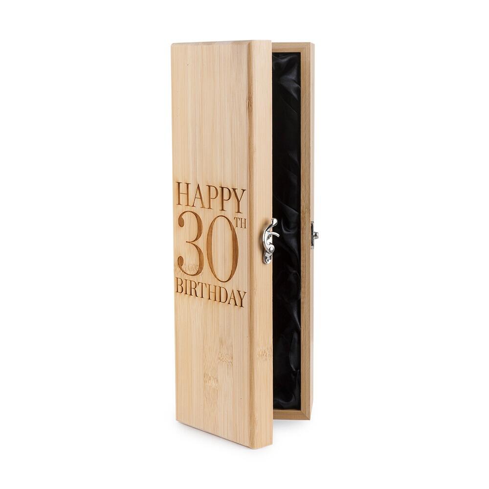 Wooden Bottle Box with "Happy 30th Birthday" engraved onto the Lid partly open