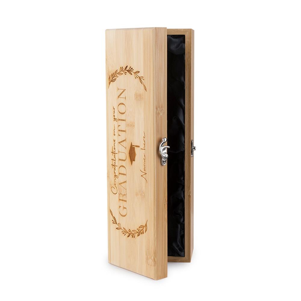 Wooden Bottle Box with "Congratulations on your Graduation" engraved onto the Lid partly open