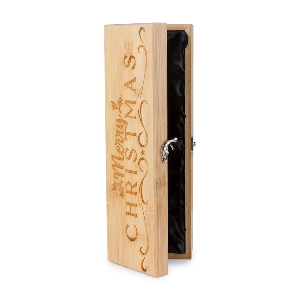 Wooden Bottle Box with "Merry Christmas" engraved onto the Lid partly open