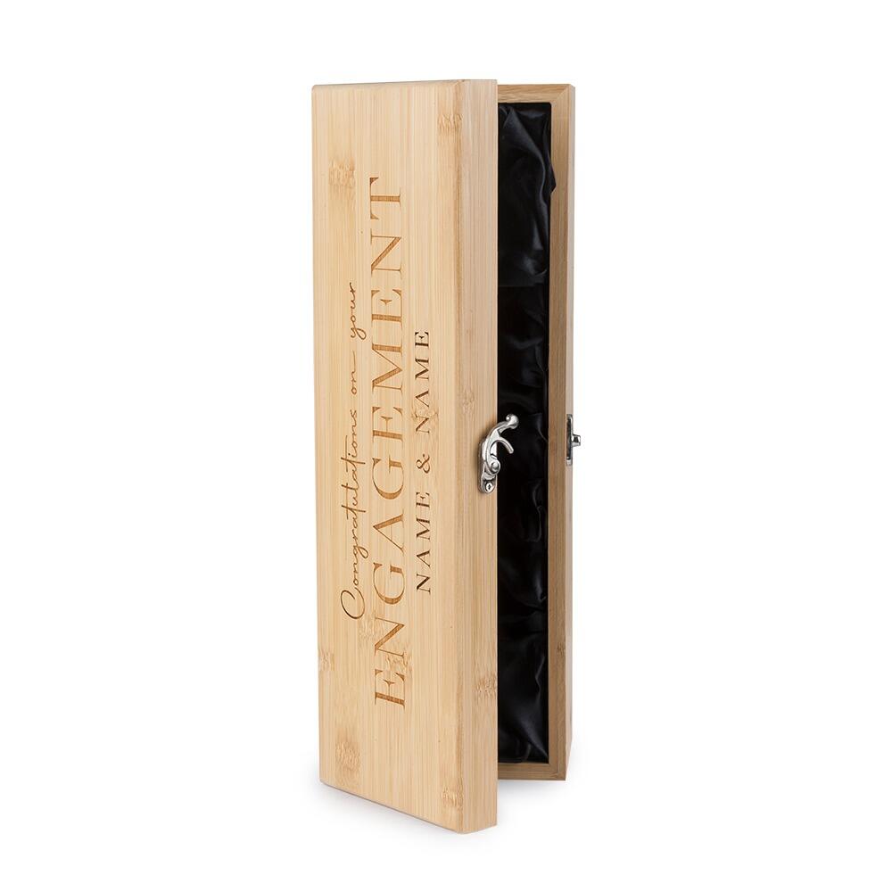 Wooden Bottle Box with "Congratulations on your Engagement" engraved onto the Lid partly open