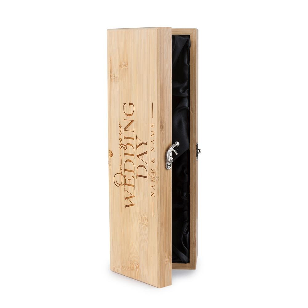 Wooden Bottle Box with "On your Wedding Day" engraved onto the Lid partly open