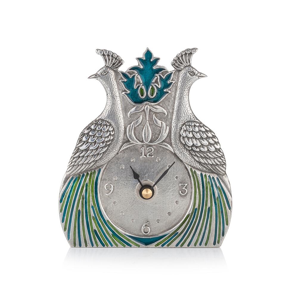 Pewter desk clock featuring two peacocks with blue and green enamelled feathers in William Morris style