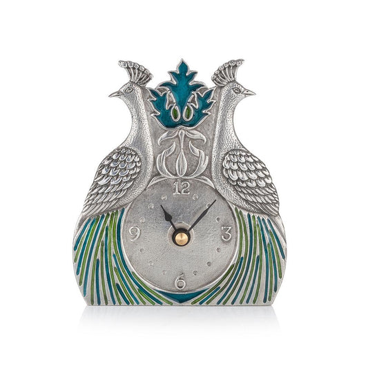 Pewter desk clock featuring two peacocks with blue and green enamelled feathers in William Morris style
