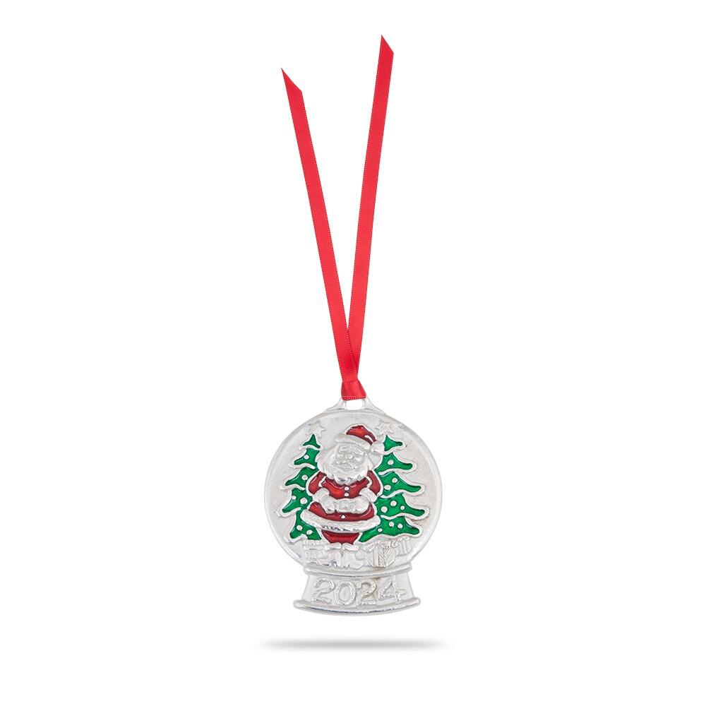 Hand-enamelled pewter Christmas snow globe decoration featuring Santa Claus and green trees with red ribbon