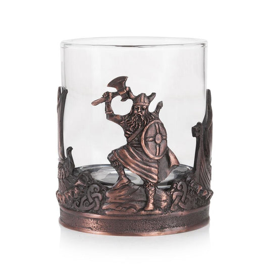 Glass tumbler with pewter Viking themed base