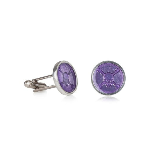 Pewter cufflinks with hand-enamelled purple skull design displayed with presentation gift box