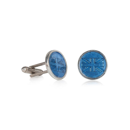 Pewter cufflinks with round blue enamel design