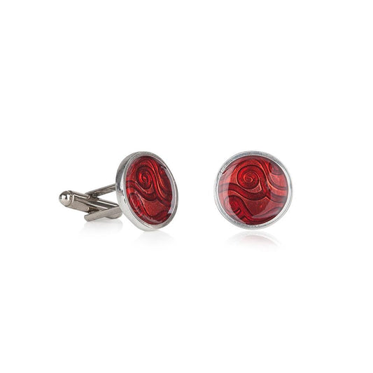 Pair of handmade pewter cufflinks with contemporary red enamelled swirl pattern design