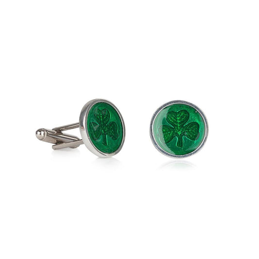 Handcrafted pewter cufflinks with intricate shamrock design embossed in transparent emerald enamel