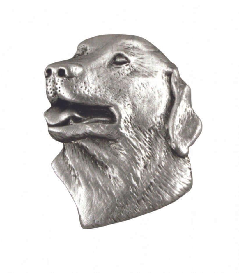 Silver dog head brooch featuring a detailed golden retriever design.