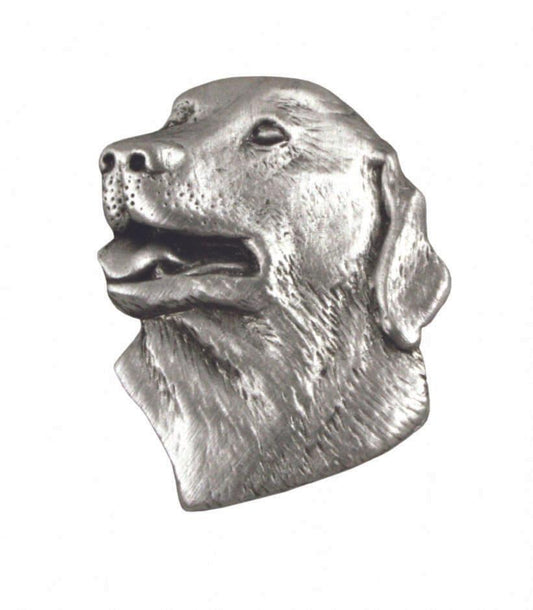 Silver dog head brooch featuring a detailed golden retriever design.