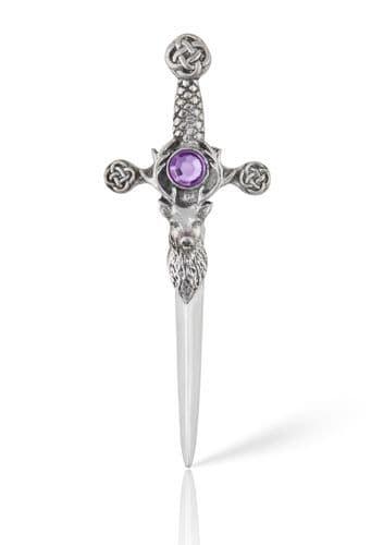 Silver sword cross pendant with a purple gemstone and intricate Celtic knot design.