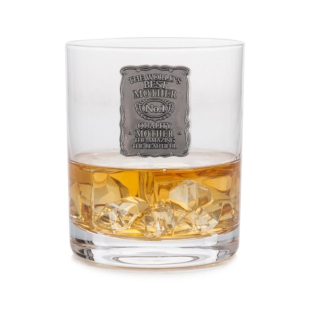 A Whisky Tumbler with a Pewter Label of Worlds Best Mother on the front