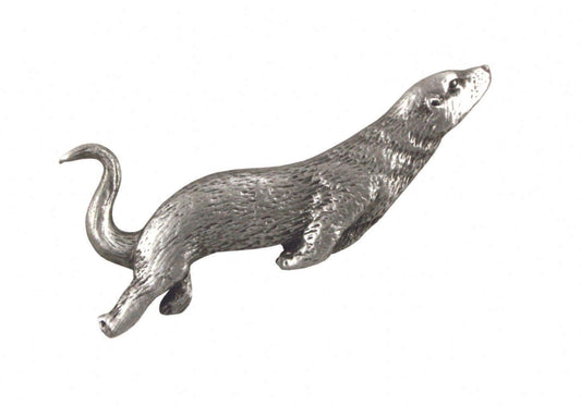 Silver metal otter figurine with detailed texture and a playful pose.