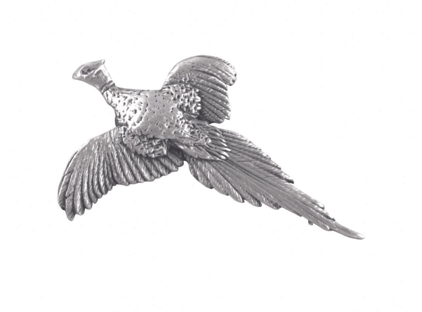 Silver pheasant brooch with detailed feathers and a polished finish.