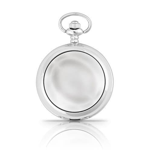 Silver pocket watch with a smooth, polished surface and a classic design.
