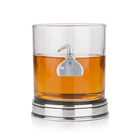 Whisky tumbler with pewter pot still motif and polished base, partially filled with amber liquid