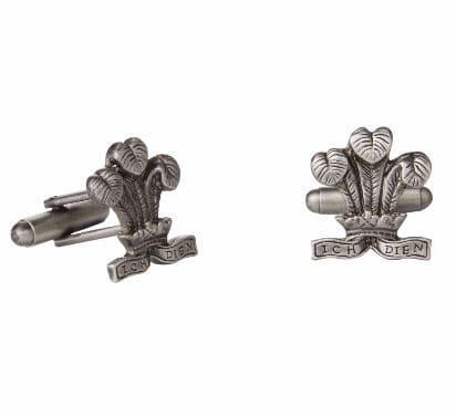 Silver-tone cufflinks featuring a leaf design and "Ich Dien" banner.
