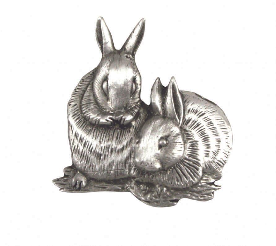 Silver rabbit figurine with detailed fur texture, featuring two sitting rabbits on a grassy base.