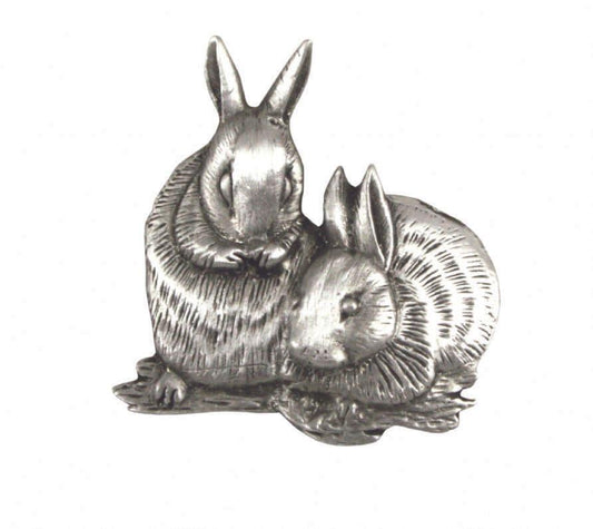 Silver rabbit figurine with detailed fur texture, featuring two sitting rabbits on a grassy base.
