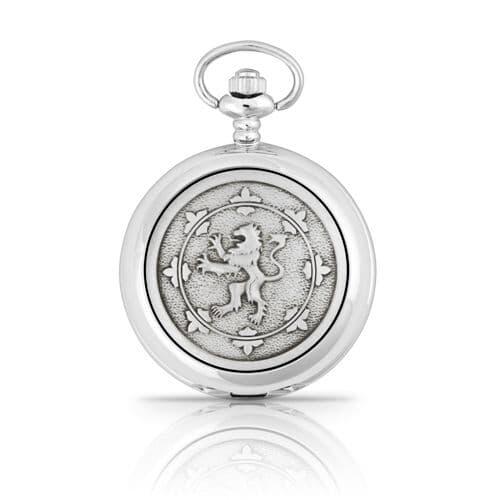 Silver pocket watch featuring a lion emblem and intricate detailing on the case.