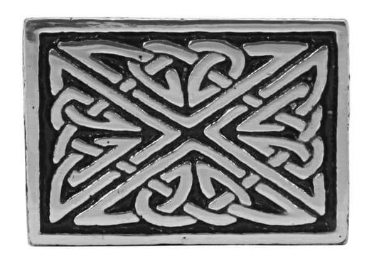 Silver rectangular belt buckle with intricate Celtic knot design.