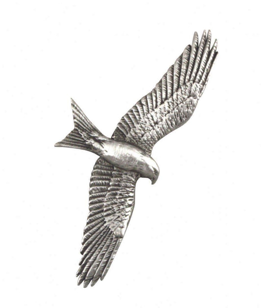 Silver metal wall art sculpture of a soaring hawk with detailed feathers.