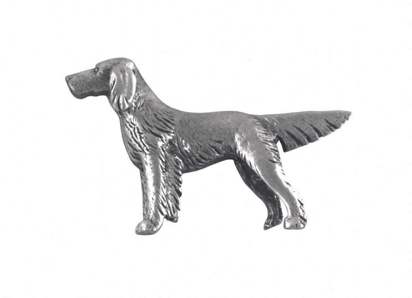 Silver metal dog figurine with detailed fur texture and standing pose.