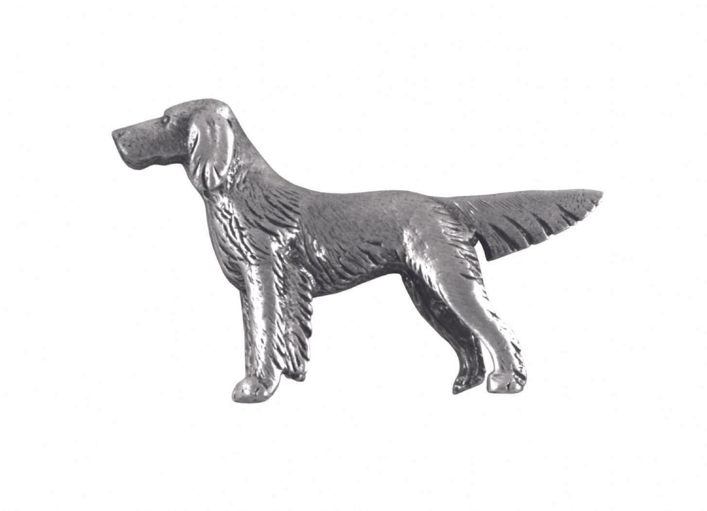 Silver metal dog figurine with detailed fur texture and standing pose.