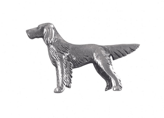 Silver metal dog figurine with detailed fur texture and standing pose.