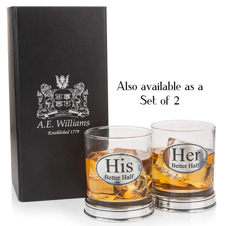 A.E. Williams gift set: two pewter-based whiskey glasses with 'His' and 'Her' labels, next to branded box
