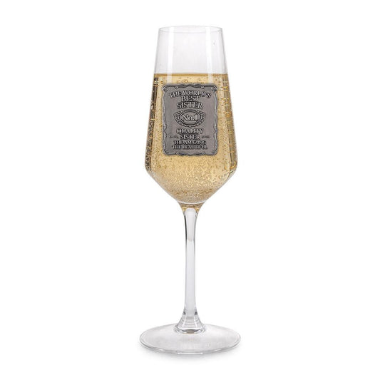 Personalized champagne glass with pewter label, 22cm height, 230ml capacity, available in 11 designs by The Gifting Corner.