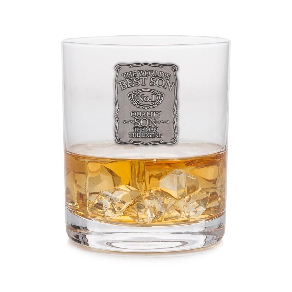 A Whisky Tumbler with a Pewter Label of Worlds Best Son on the front