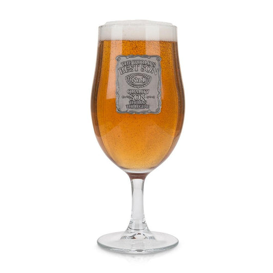 Pewter label stemmed pint glass with engraved "World's Best Dad" design by The Gifting Corner.