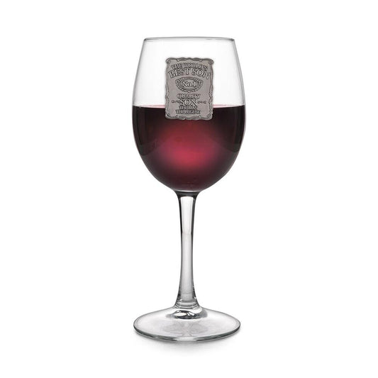 Personalized clear wine glass with pewter label, "World's Best Mom Sister Daughter," 350ml capacity by The Gifting Corner.