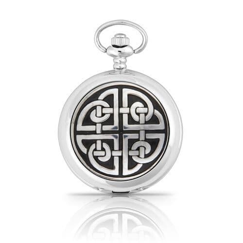 Silver pocket watch with intricate black and silver Celtic knot design.