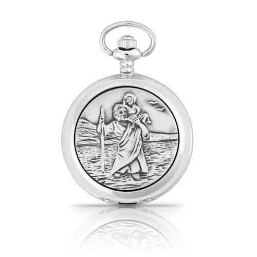 Silver pocket watch featuring a detailed engraved scene of a man carrying a child.