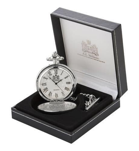Silver pocket watch with Roman numerals in a black presentation box, A.E. Williams branding visible.