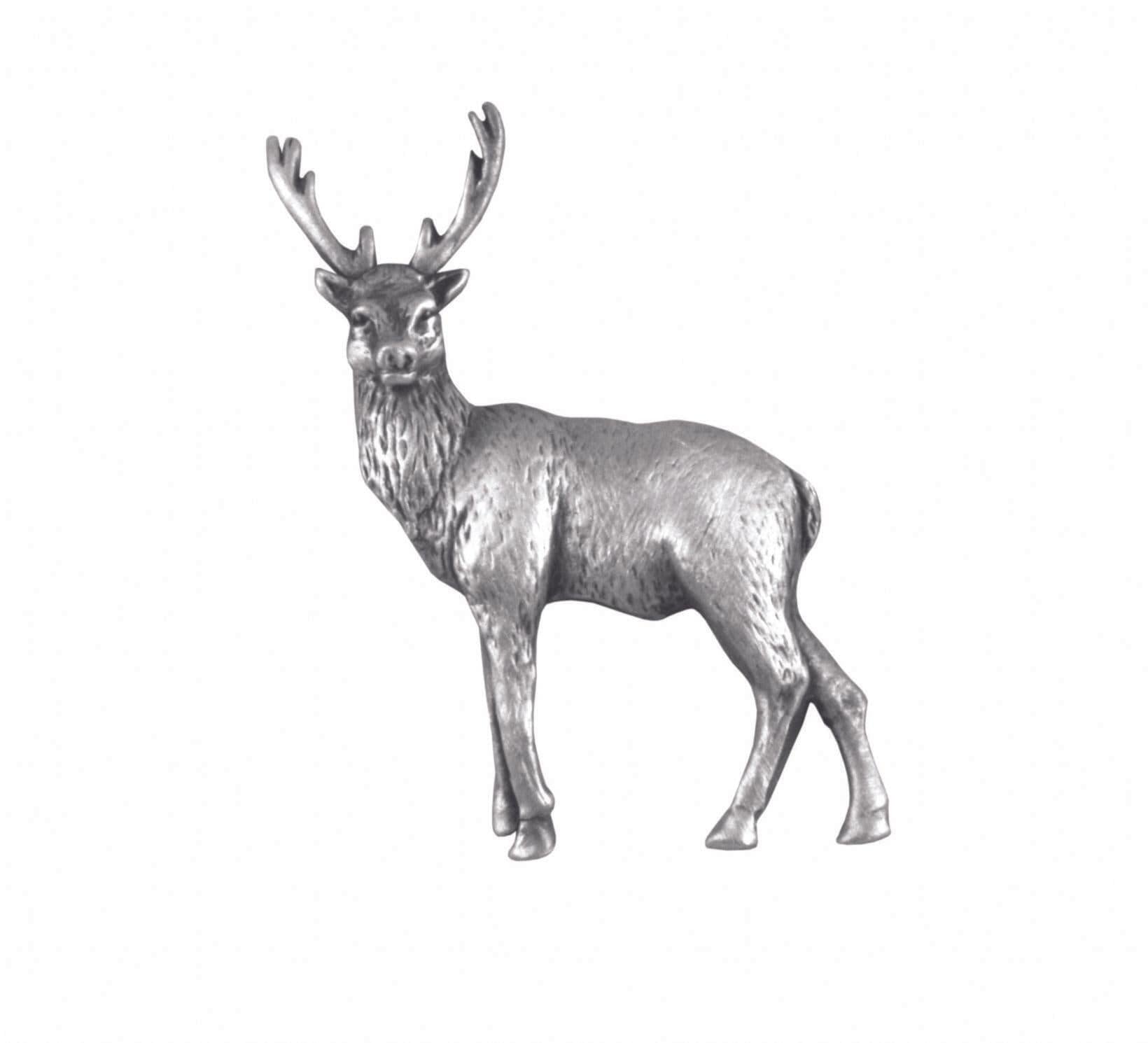 Silver metal reindeer figurine with detailed antlers and textured fur.