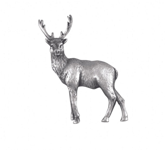 Silver metal reindeer figurine with detailed antlers and textured fur.