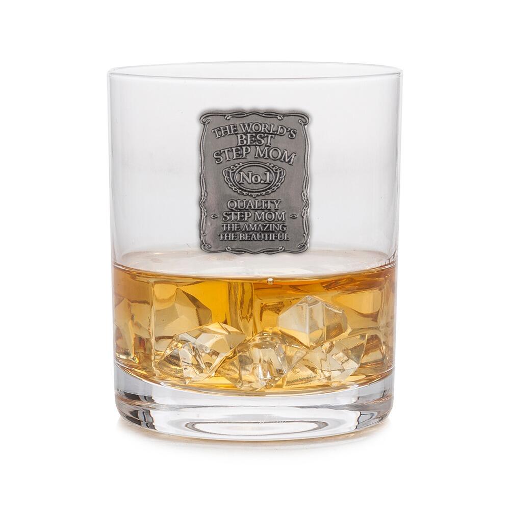 A Whisky Tumbler with a Pewter Label of Worlds Best Step Mom on the front