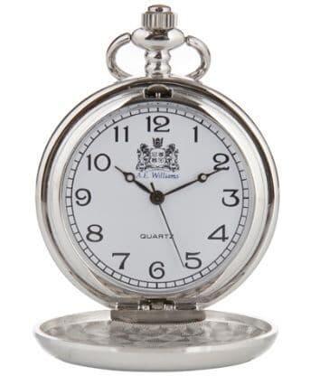 Silver pocket watch with a white dial, black numerals, and a flip-open design.