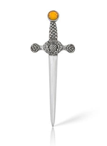 Silver decorative dagger with amber gemstone and intricate Celtic knot design.